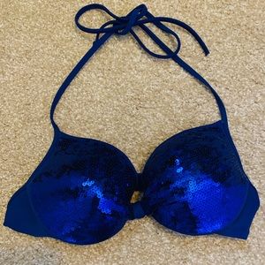 Victoria’s Secret Navy Blue Sequined bathing suit.